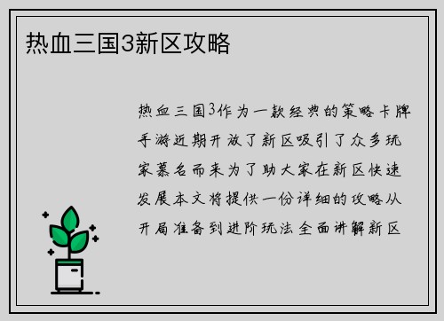 热血三国3新区攻略