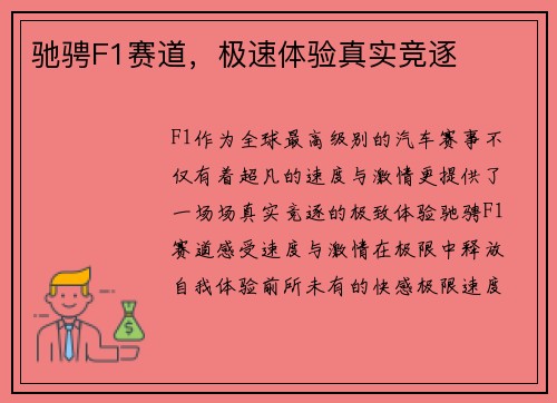驰骋F1赛道，极速体验真实竞逐