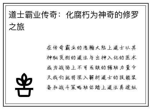 道士霸业传奇：化腐朽为神奇的修罗之旅
