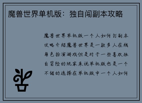 魔兽世界单机版：独自闯副本攻略