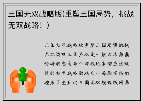 三国无双战略版(重塑三国局势，挑战无双战略！)
